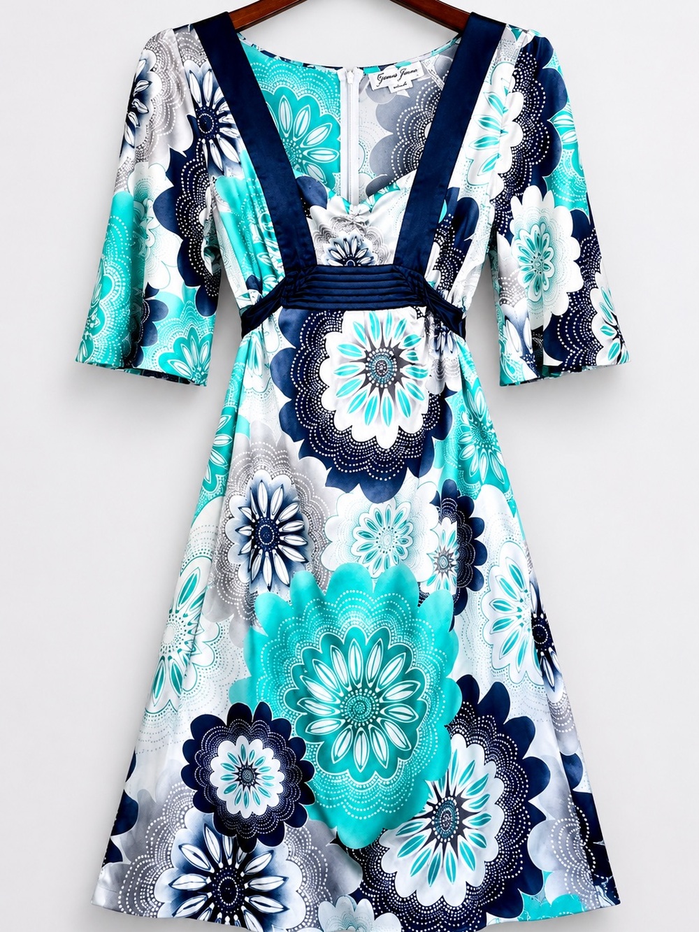 NWT Y2K Guess Jeans Silk Floral Empire Waist Dress Blue Teal Gray Size 9